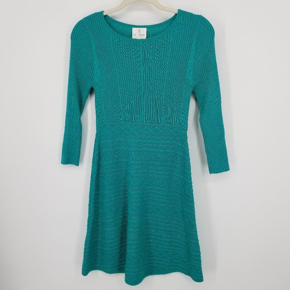 Julie Brown Cable Knit Sweater Dress - Mini Teal Green‎ A Line Flare 3/4 Sleeves